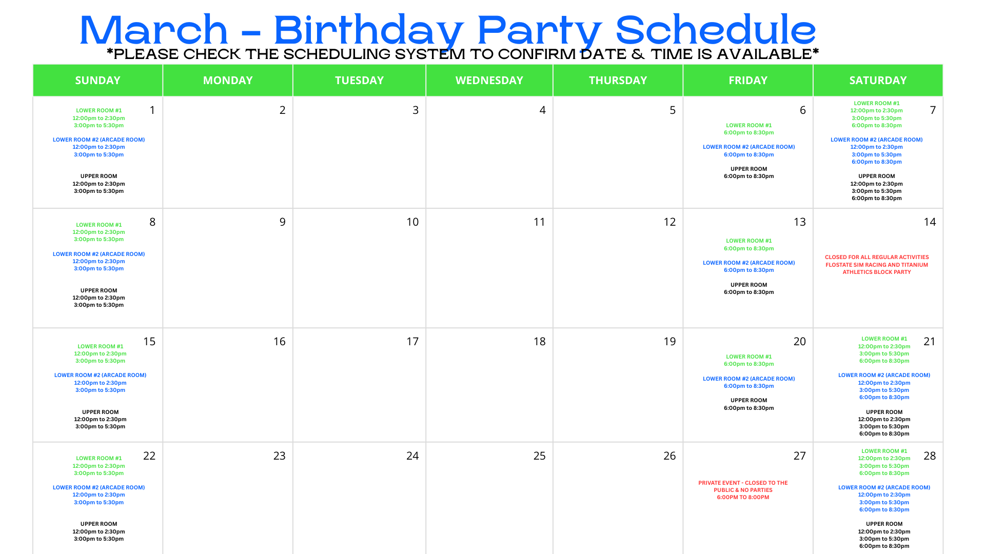 March - Birthday Party Schedule