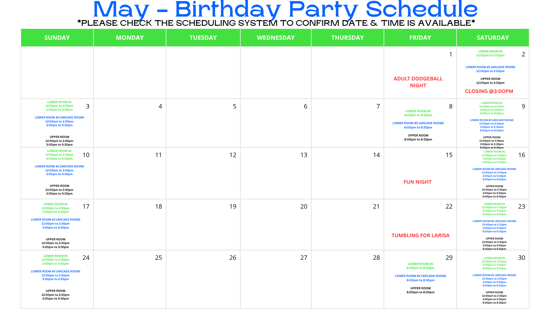 May - Birthday Party Schedule