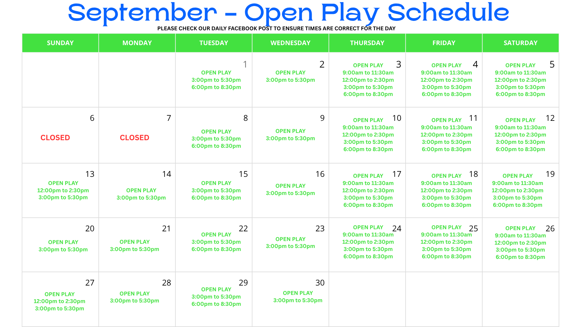 September - Open Play Schedule