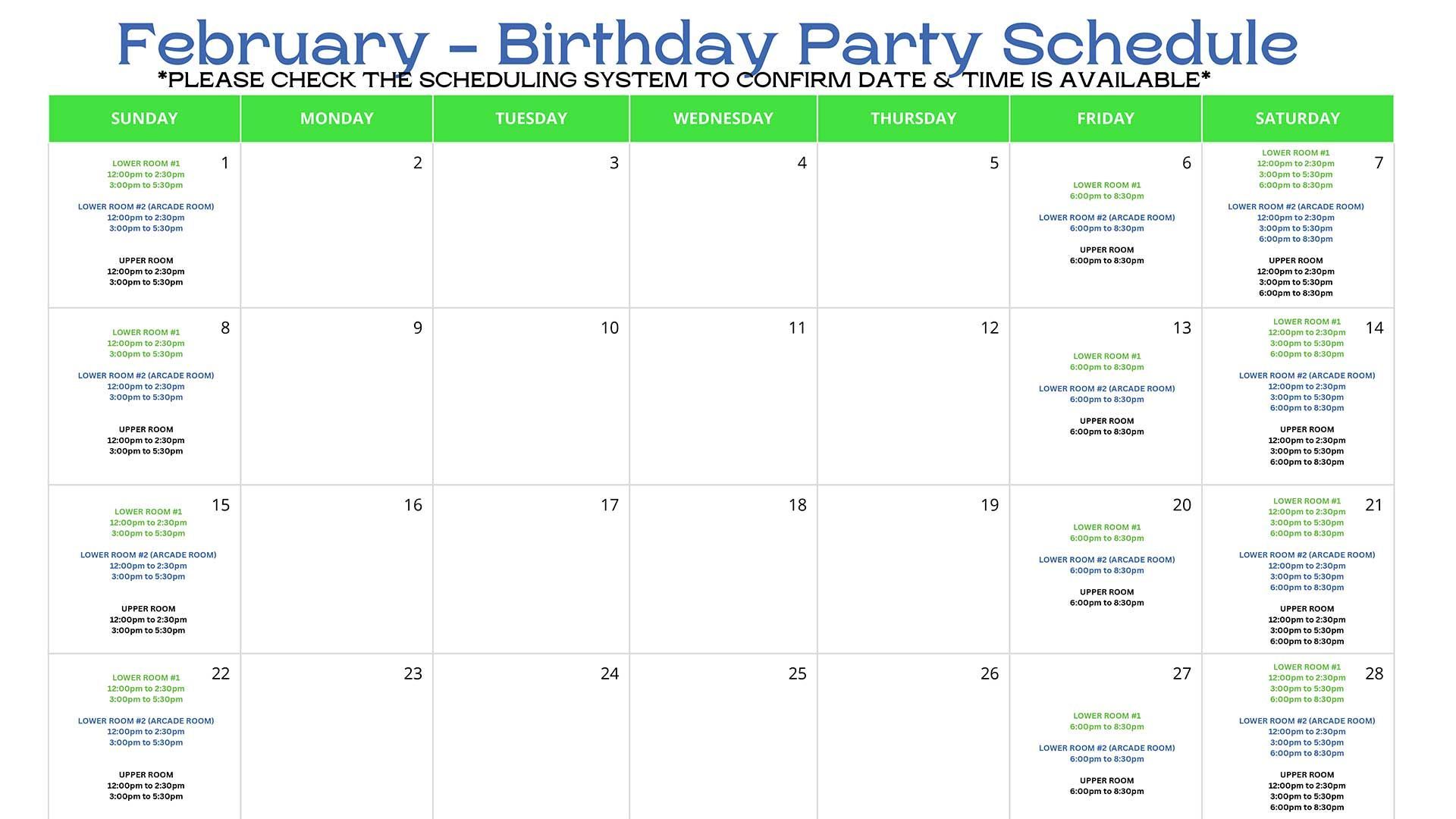 February - Birthday Party Schedule