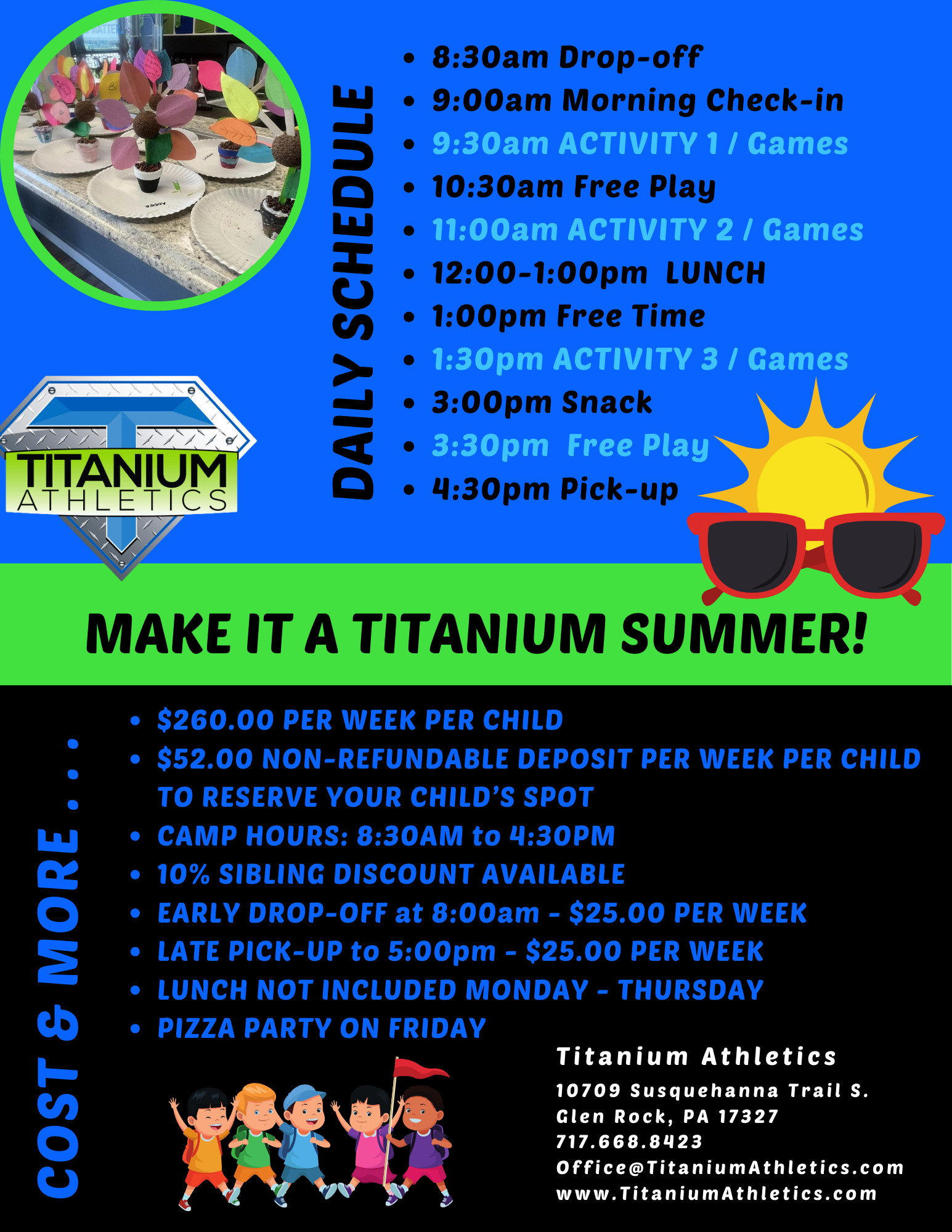 Flyer for Titanium Athletics summer camp with daily schedule, costs, and information.