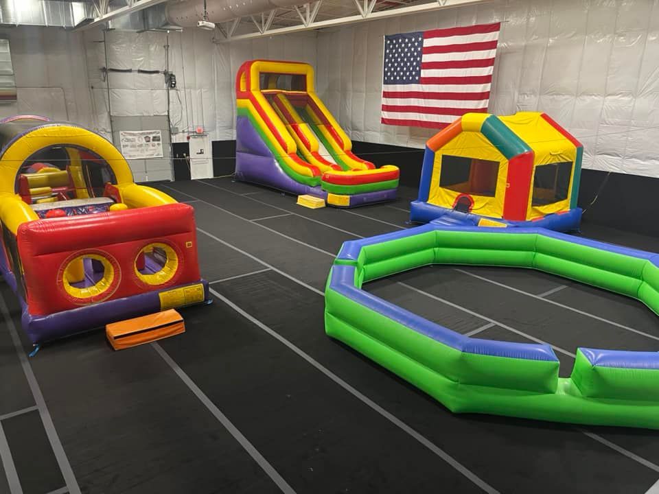 A bunch of inflatable toys are sitting in a room.