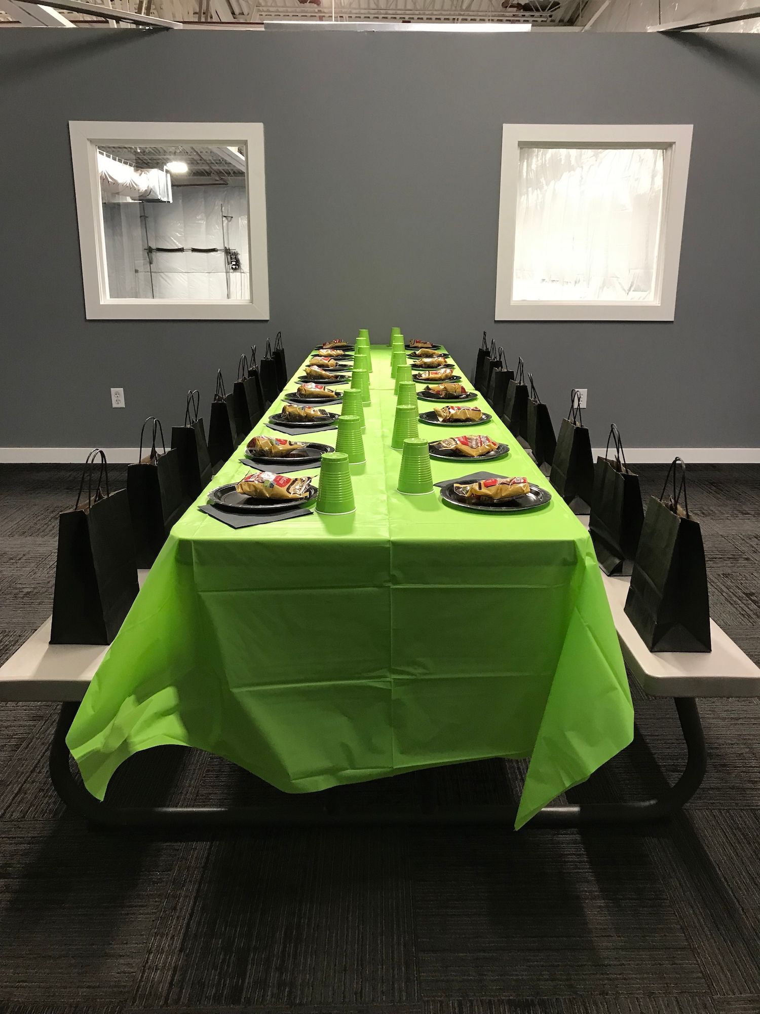 A long table with plates and cups on it is set up for a party.
