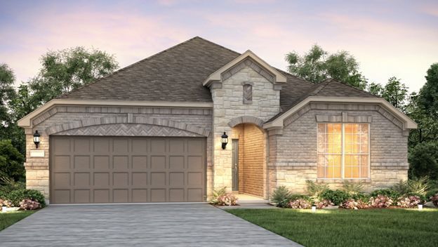 Single-story brick suburban house with a two-car garage, front porch, and manicured lawn at dusk