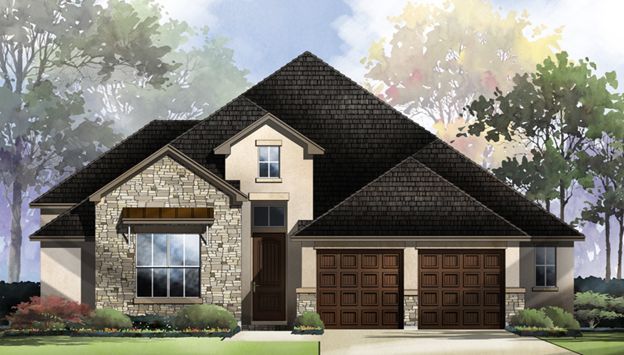 Modern two-story house with stone accents, dark roof, and a double garage in a landscaped yard