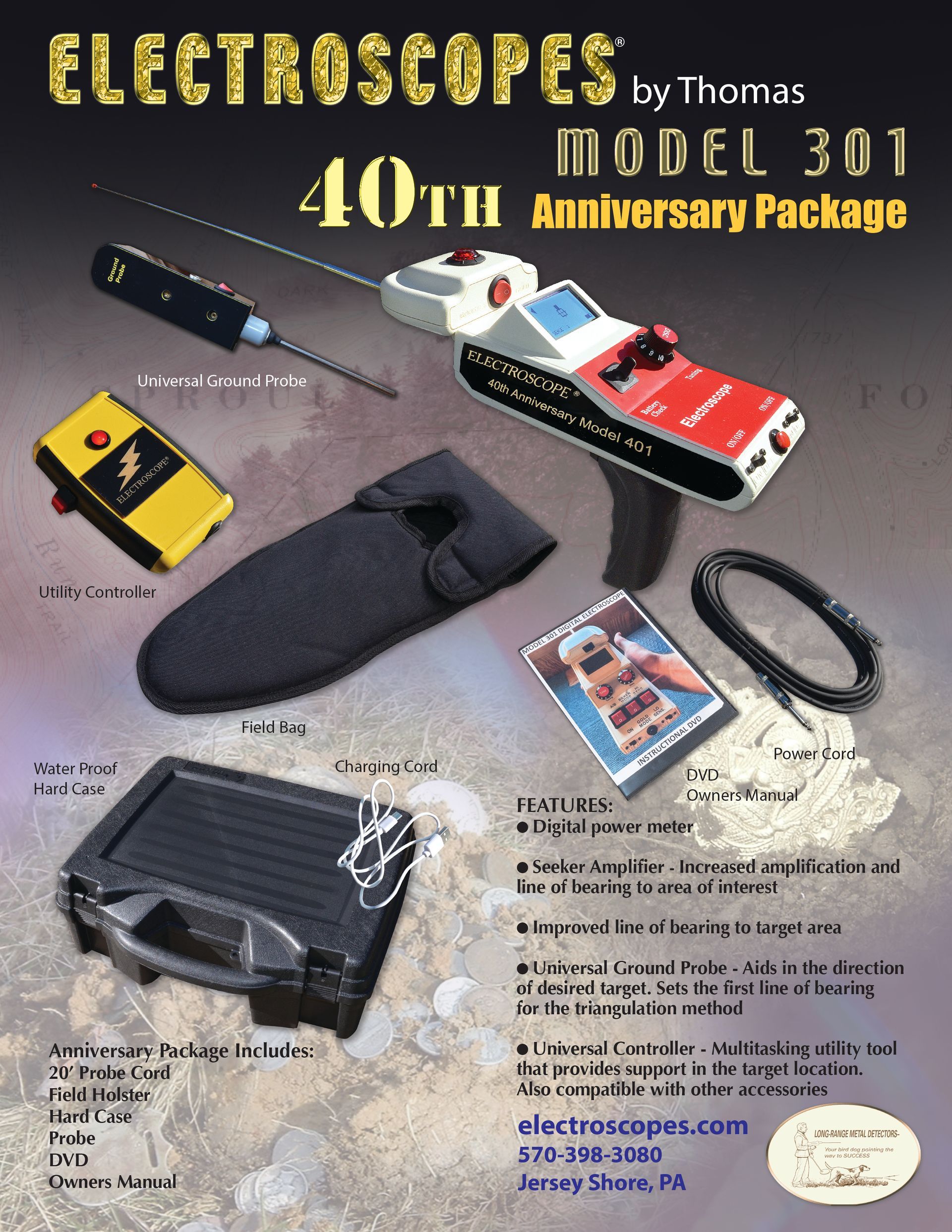 Electroscope 301 40th Anniversary package ad with tools, accessories, and product photos on a gray background.