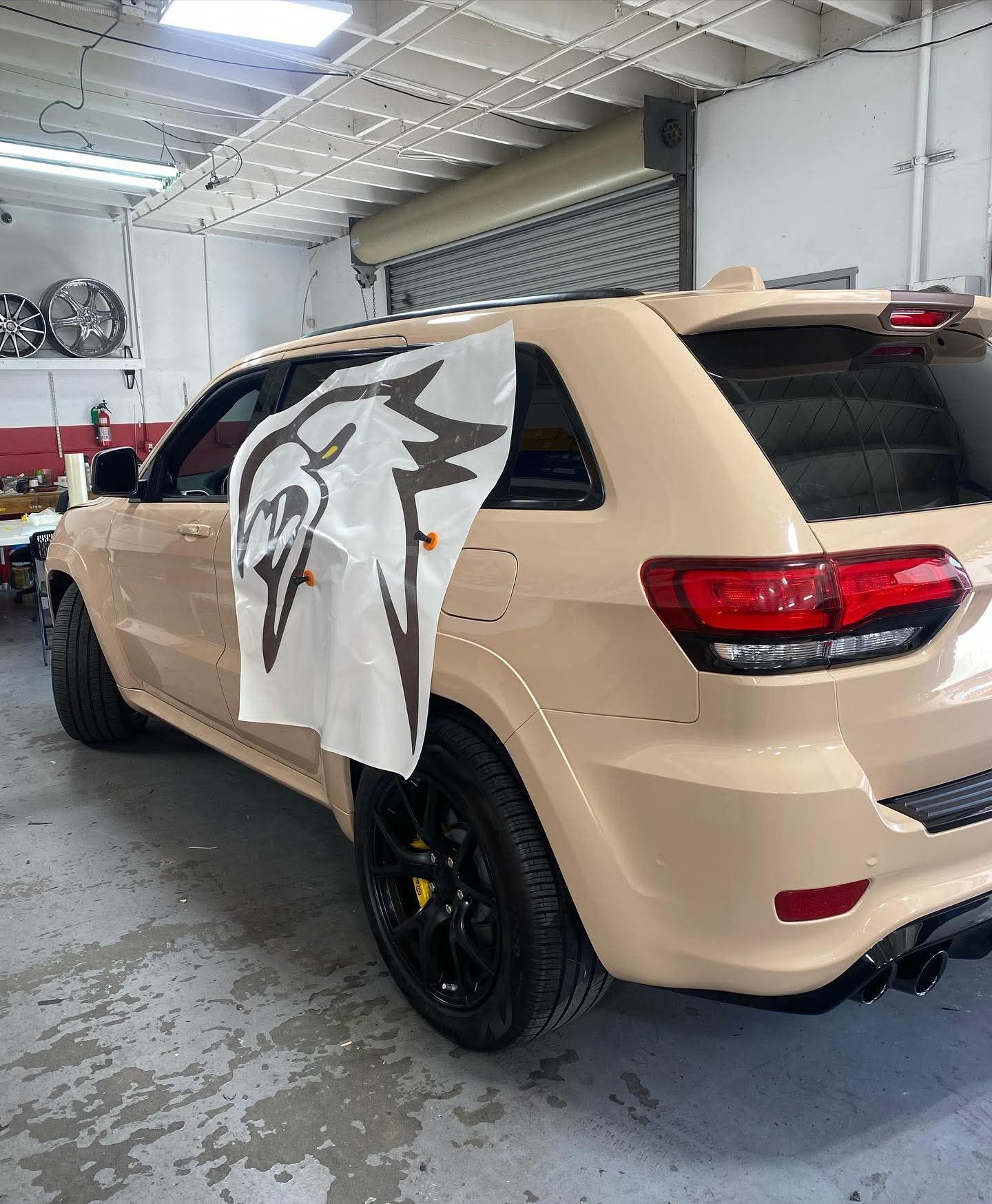 Beige SUV in a garage with a lion graphic draped over the open rear door.