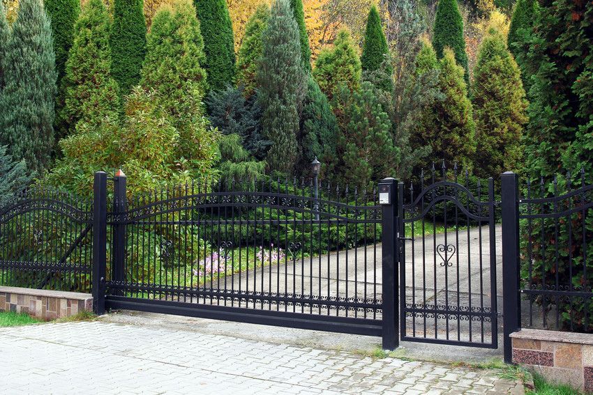 Black wrought-iron driveway gate leading into a lush garden with tall evergreen trees.
