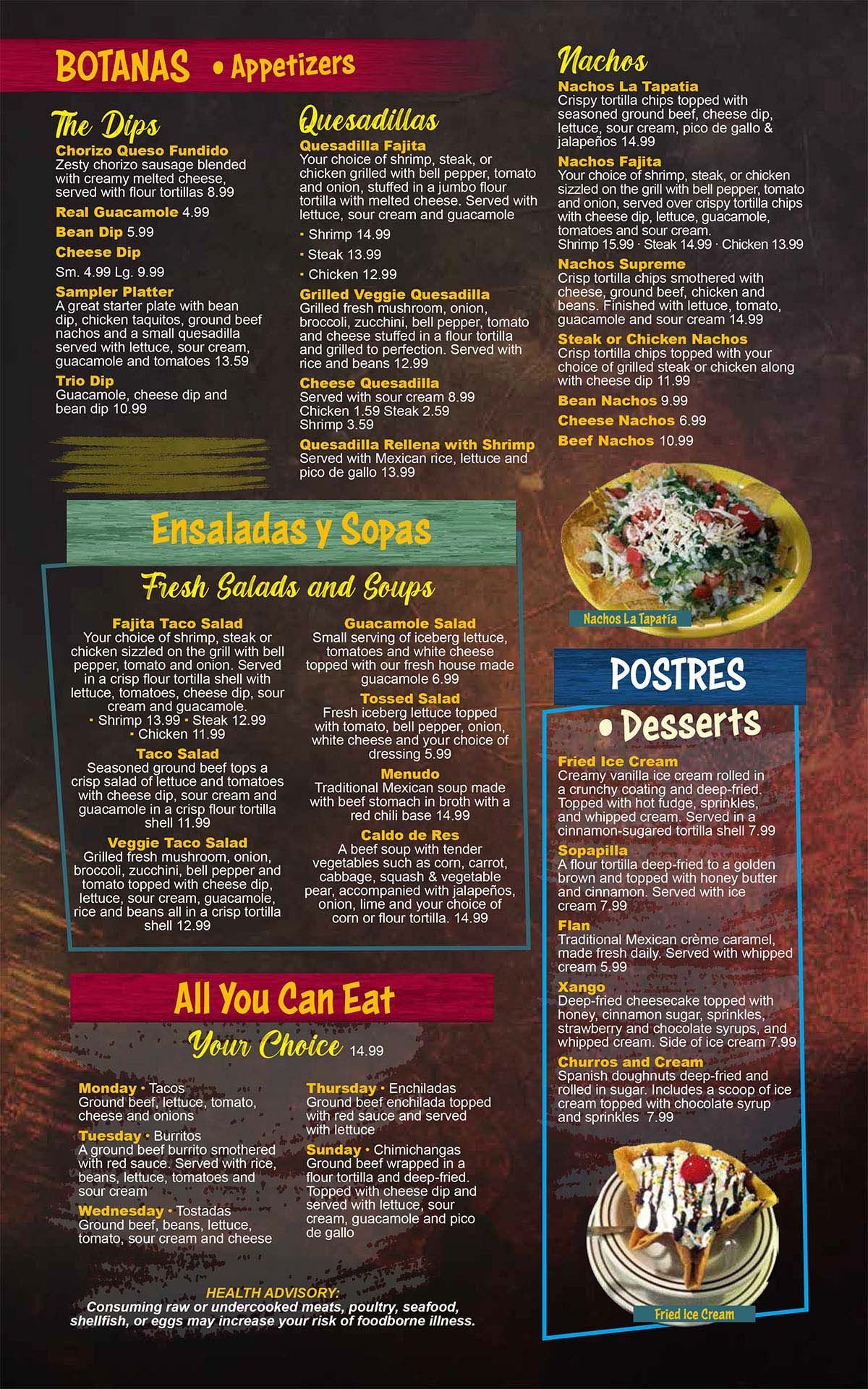 Appetizers, Salads, Soups, All You Can Eat, & Desserts Menu