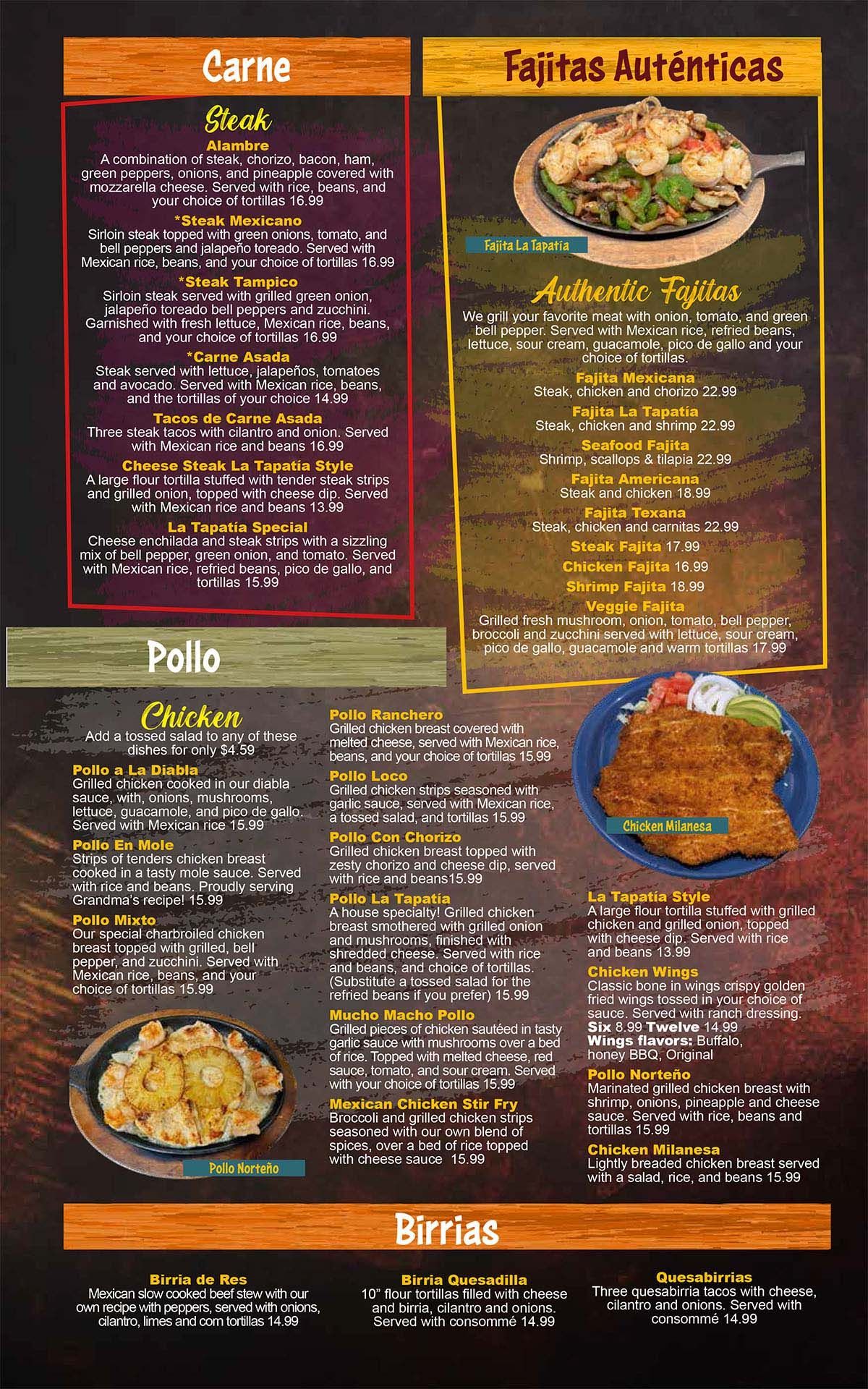 Fajitas, Steak, Chicken, & Birrias Menu