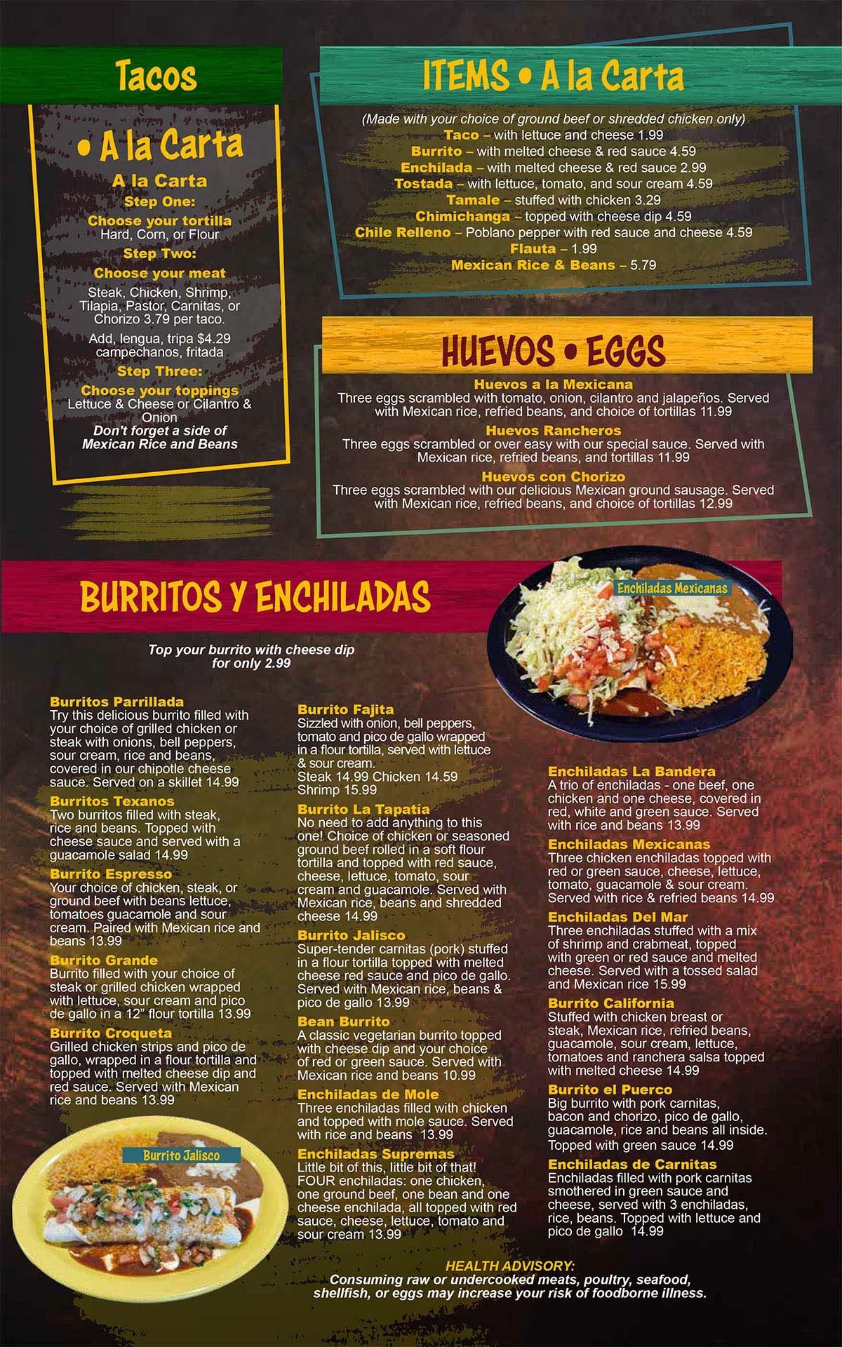 Tacos, Items, Eggs, & Burritos Menu
