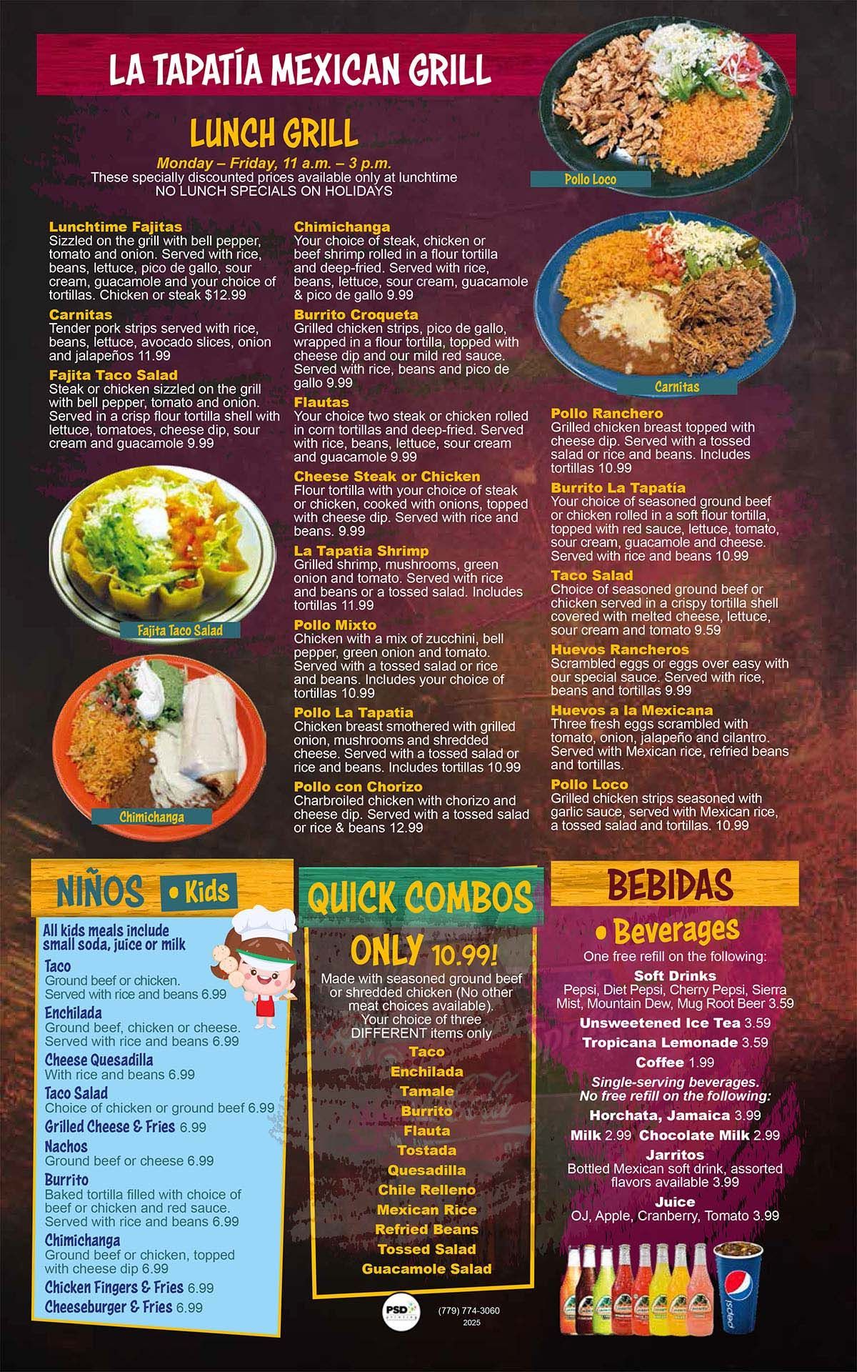 Lunch Grill, Kids, Quick Combos, & Beverages Menu
