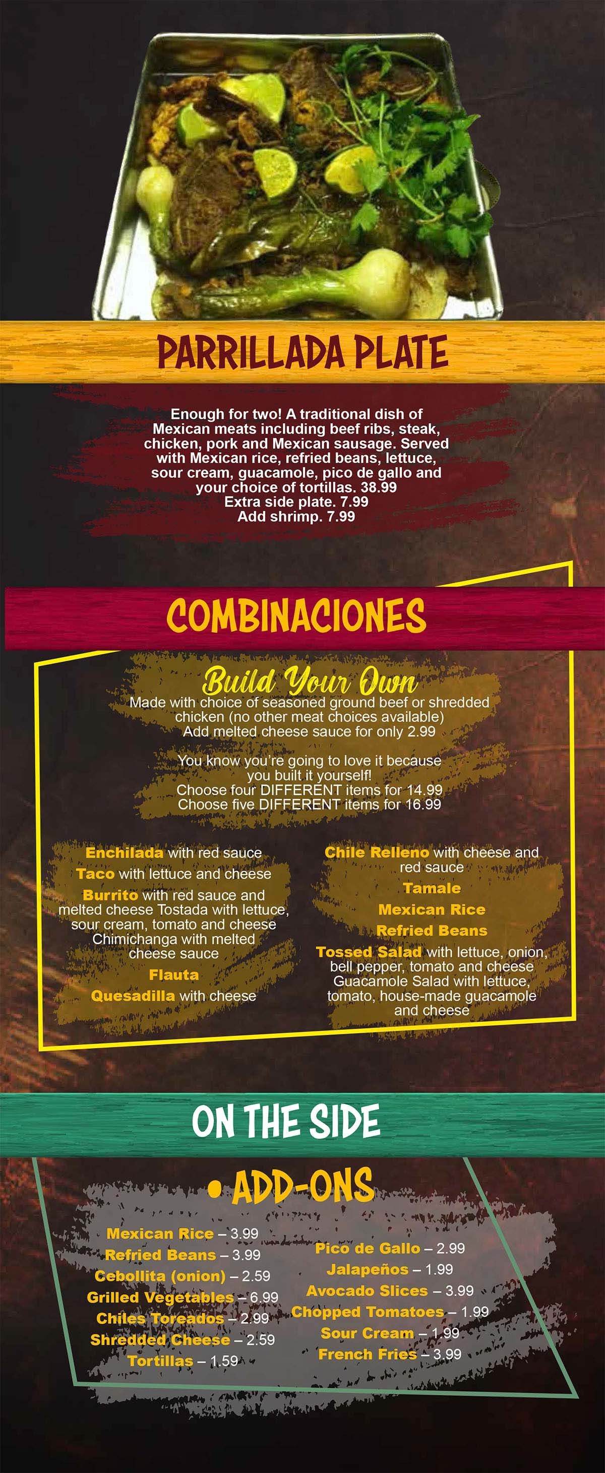 Parrillada Plate, Build Your Own, & Sides Menu