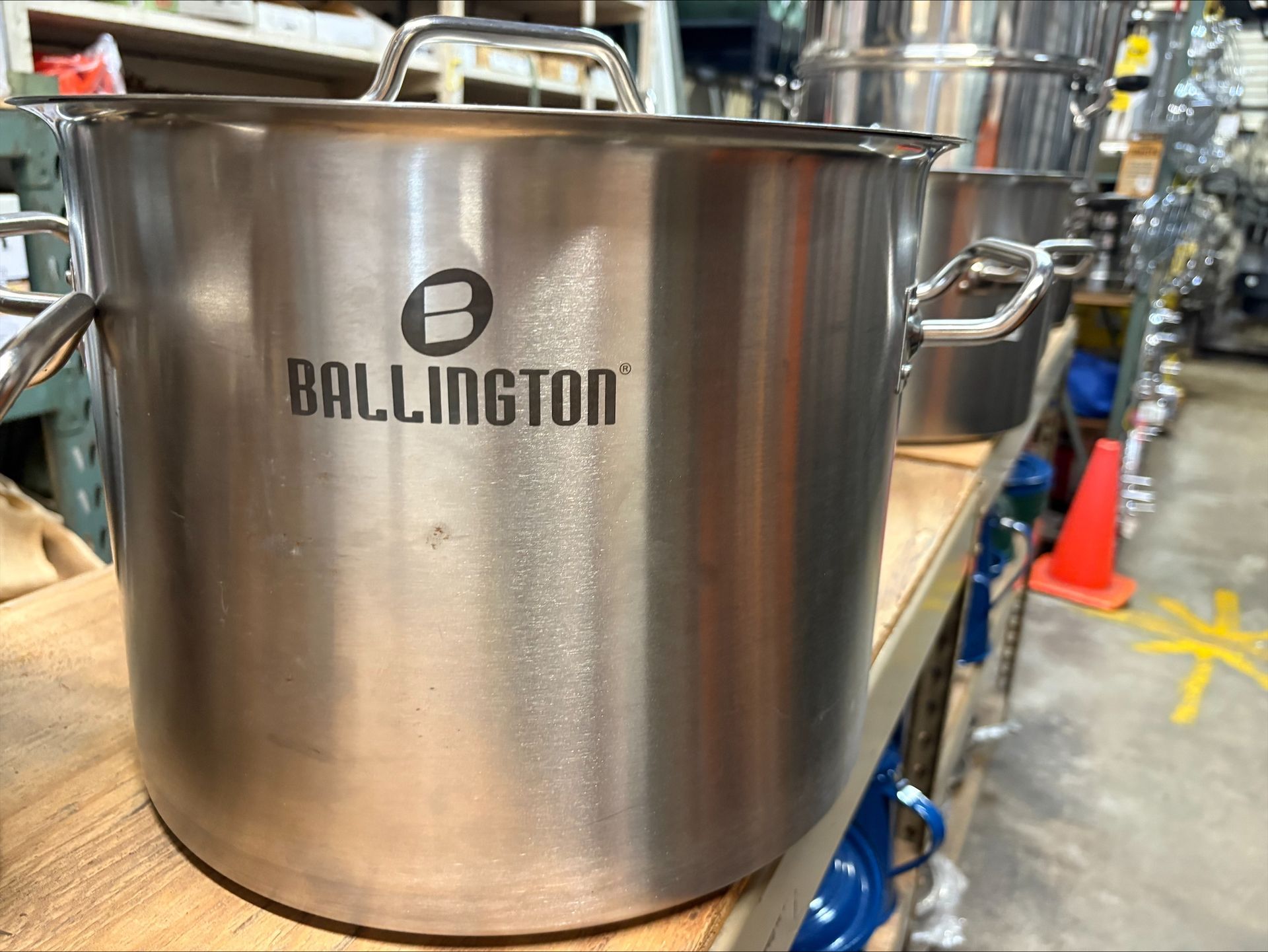 Stainless steel Ballington pot with handles. Marked with the Ballington logo.