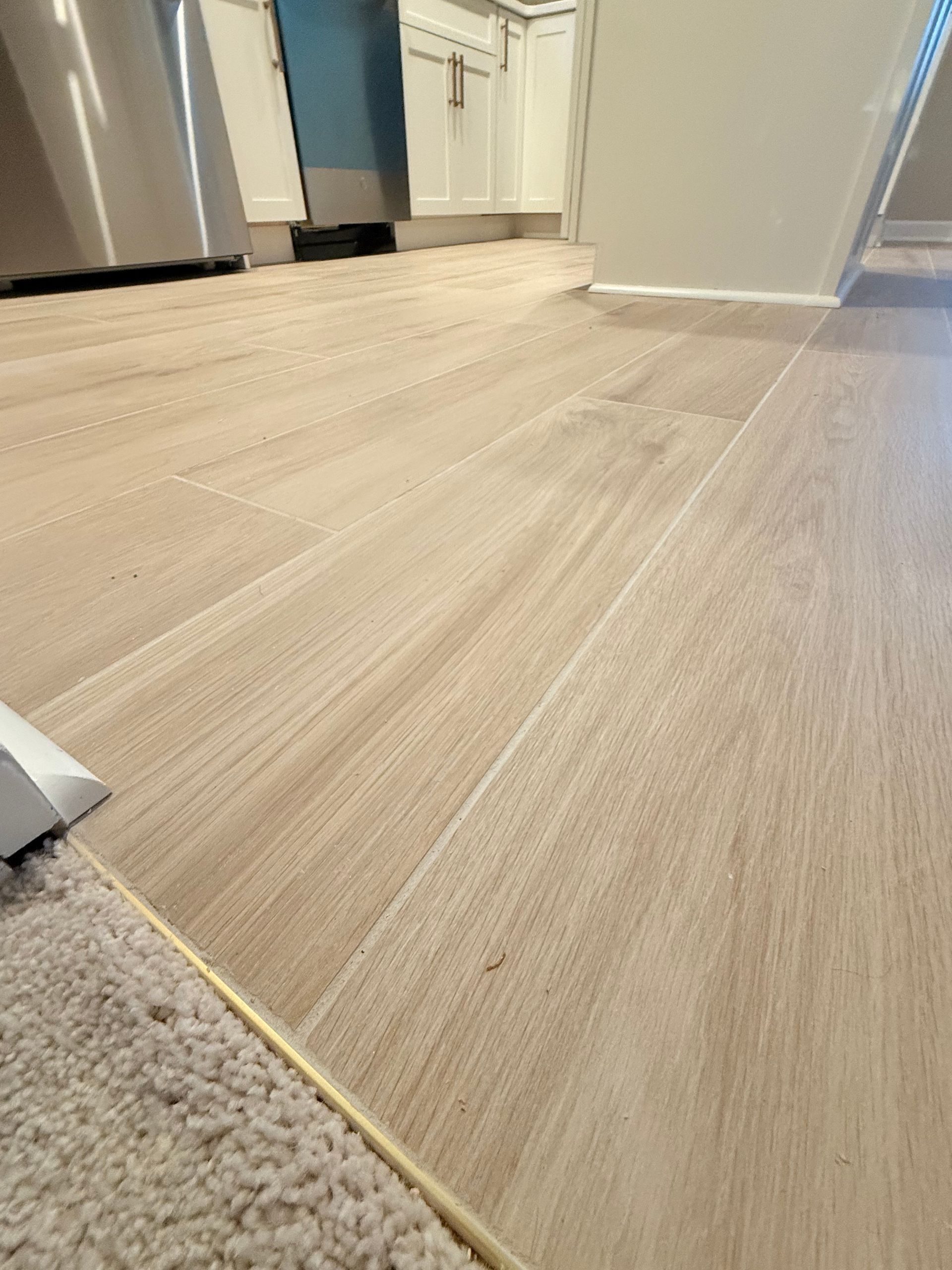 Light wood-look flooring with a gold transition strip next to a beige carpet.