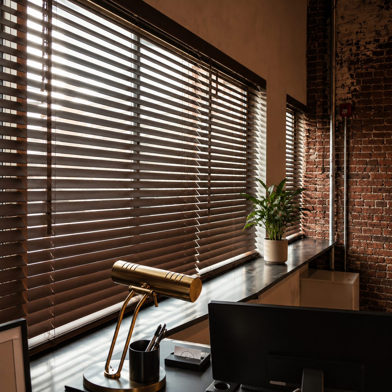 Modern desk by a large window with blinds, black monitor, brass lamp, and potted plant in a warm office.