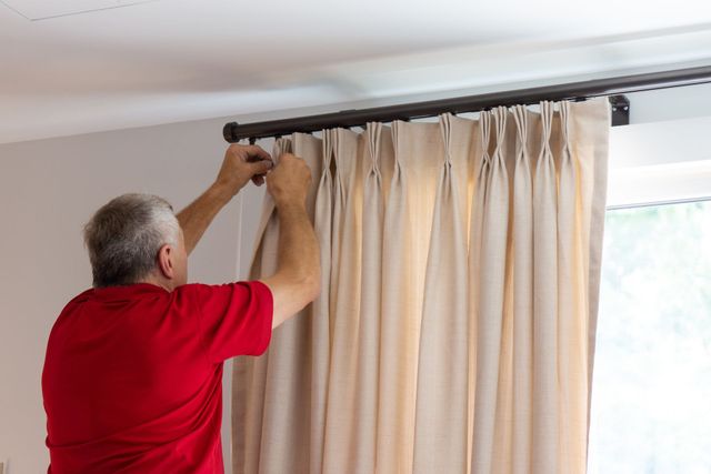 Man hanging beige curtains on a black curtain rod near a window