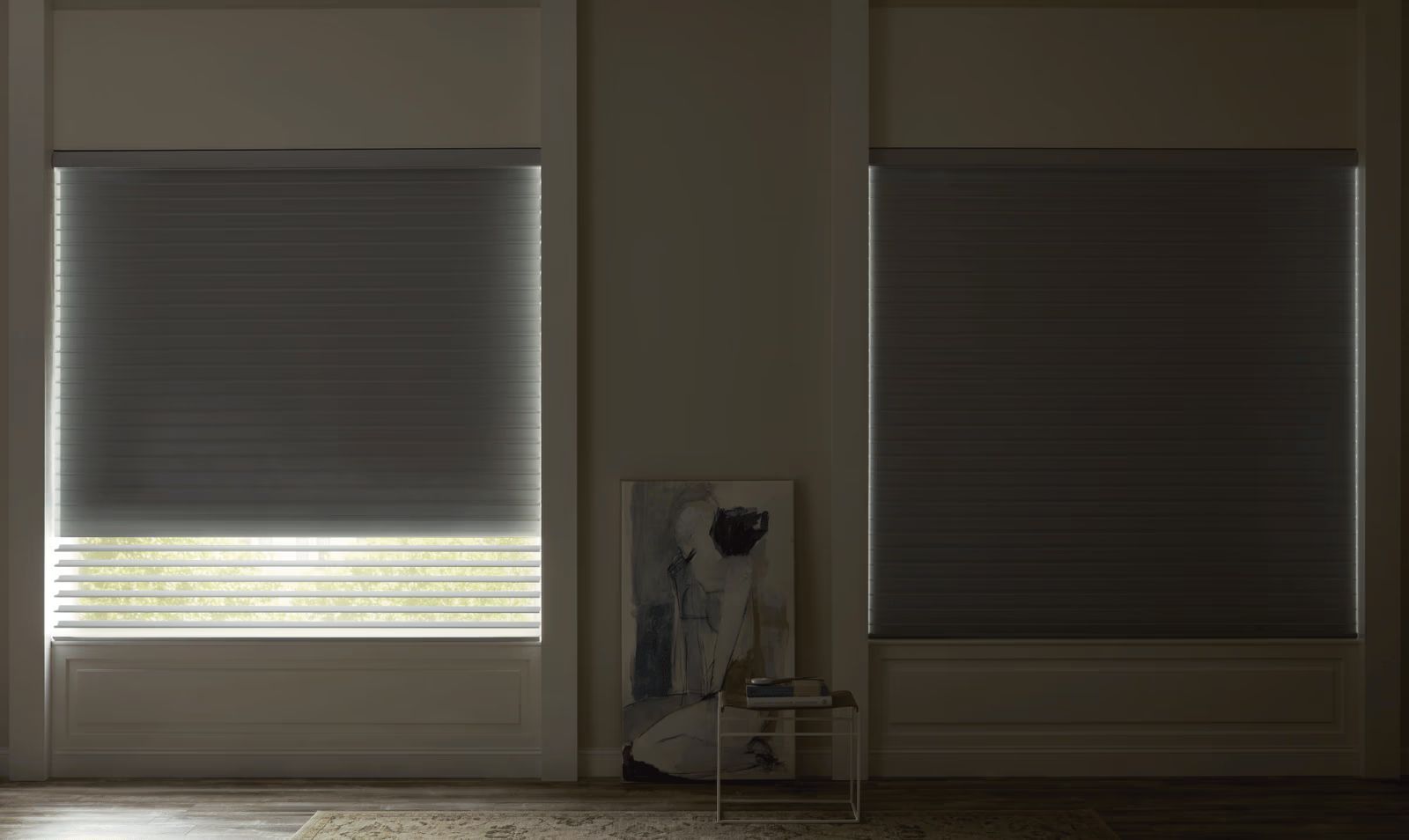 Two windows with closed blinds and a small dog statue between them in a dim room.
