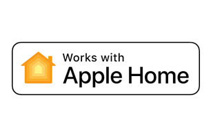 Works with Apple Home badge with yellow house icon and black text