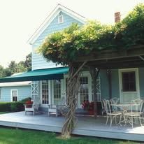 A pale blue house with a wooden deck, outdoor seating, and a large wisteria-covered pergola under a bright sky.