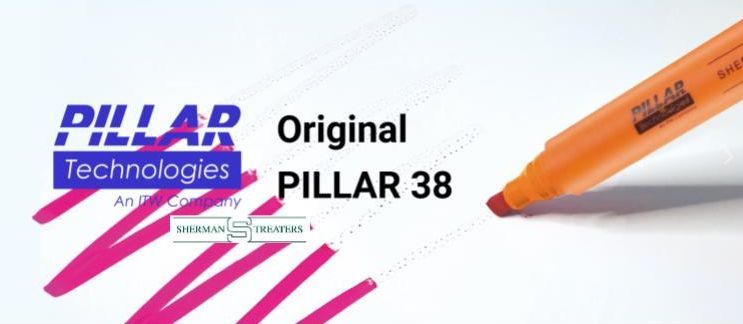 Pillar Technologies logo with “Original PILLAR 38” text and a sharpened orange pen on white background.