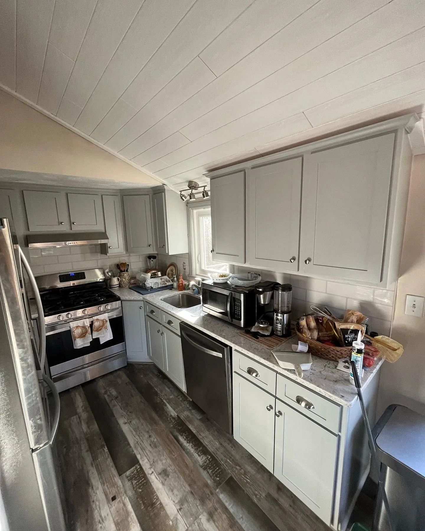 Kitchen with gray cabinets, stainless steel appliances, and wood-look flooring.