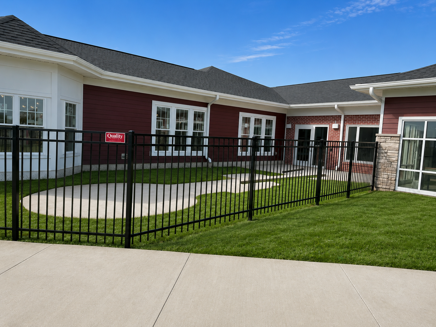 Black metal fence around a grassy courtyard in front of red-and-white buildings.