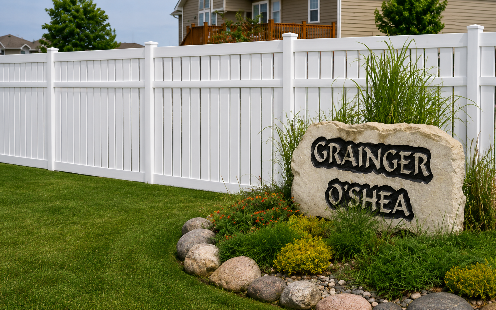 White picket fence with a rock sign that reads 