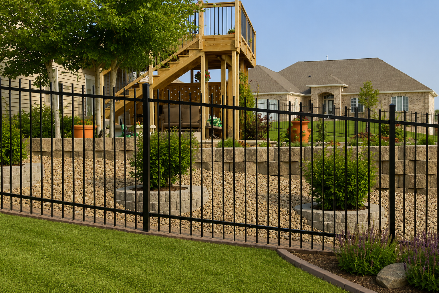 Backyard with black fence, stone landscaping, and a wooden playset near a house