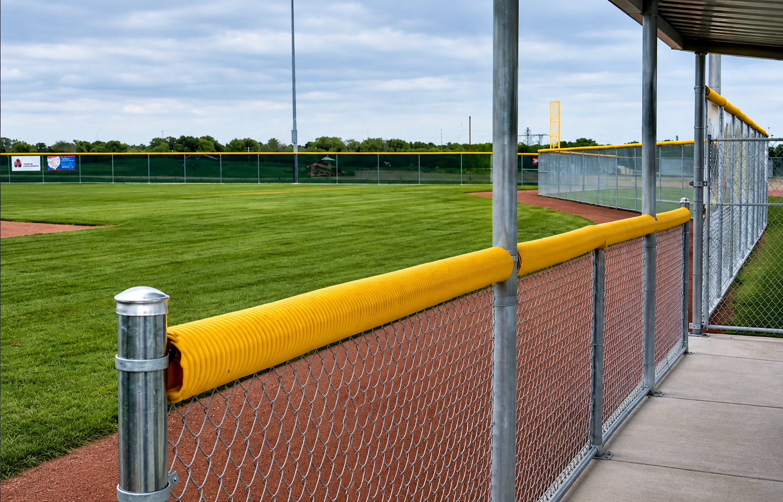 Baseball field with yellow padded fence near the dugout.