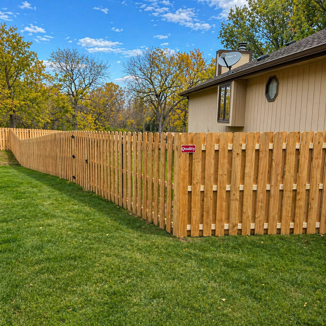Wooden privacy fence bordering a green lawn beside a house under a blue sky.