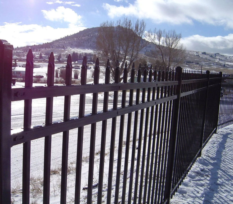 Black iron fence beside a snowy path, with a sunlit hillside and cloudy winter sky in the background