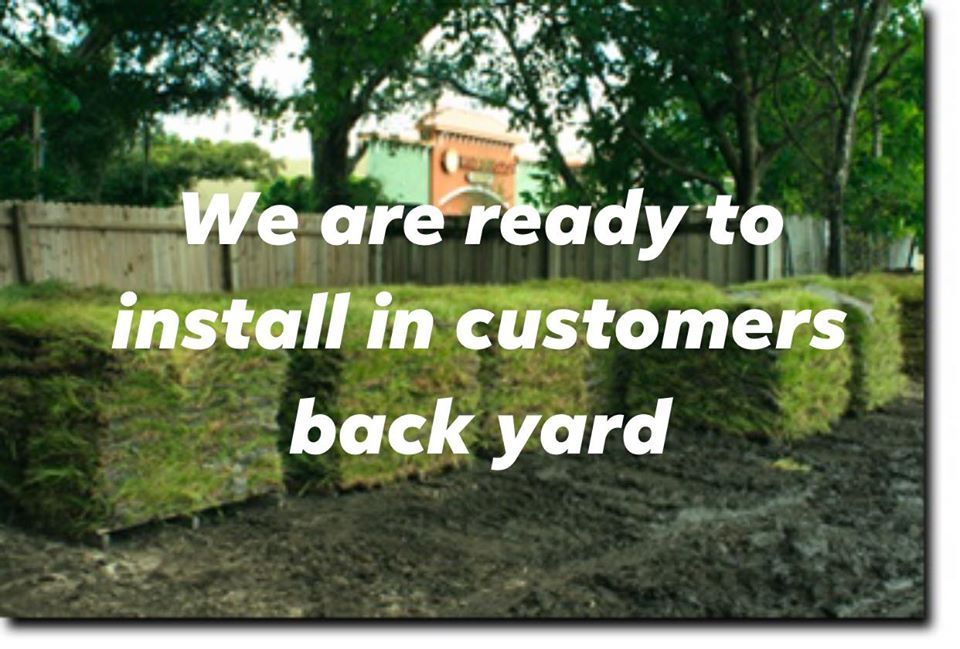 Stacks of sod ready for installation in a customer's backyard, with text overlay.