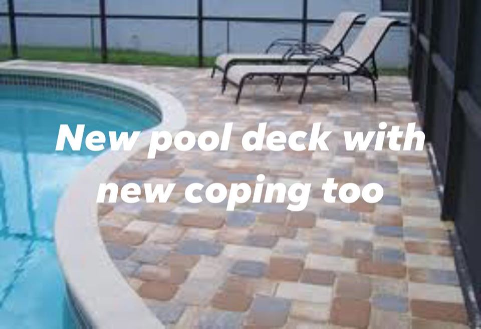 Pool deck with new coping, multicolored brick pavers, and two lounge chairs.