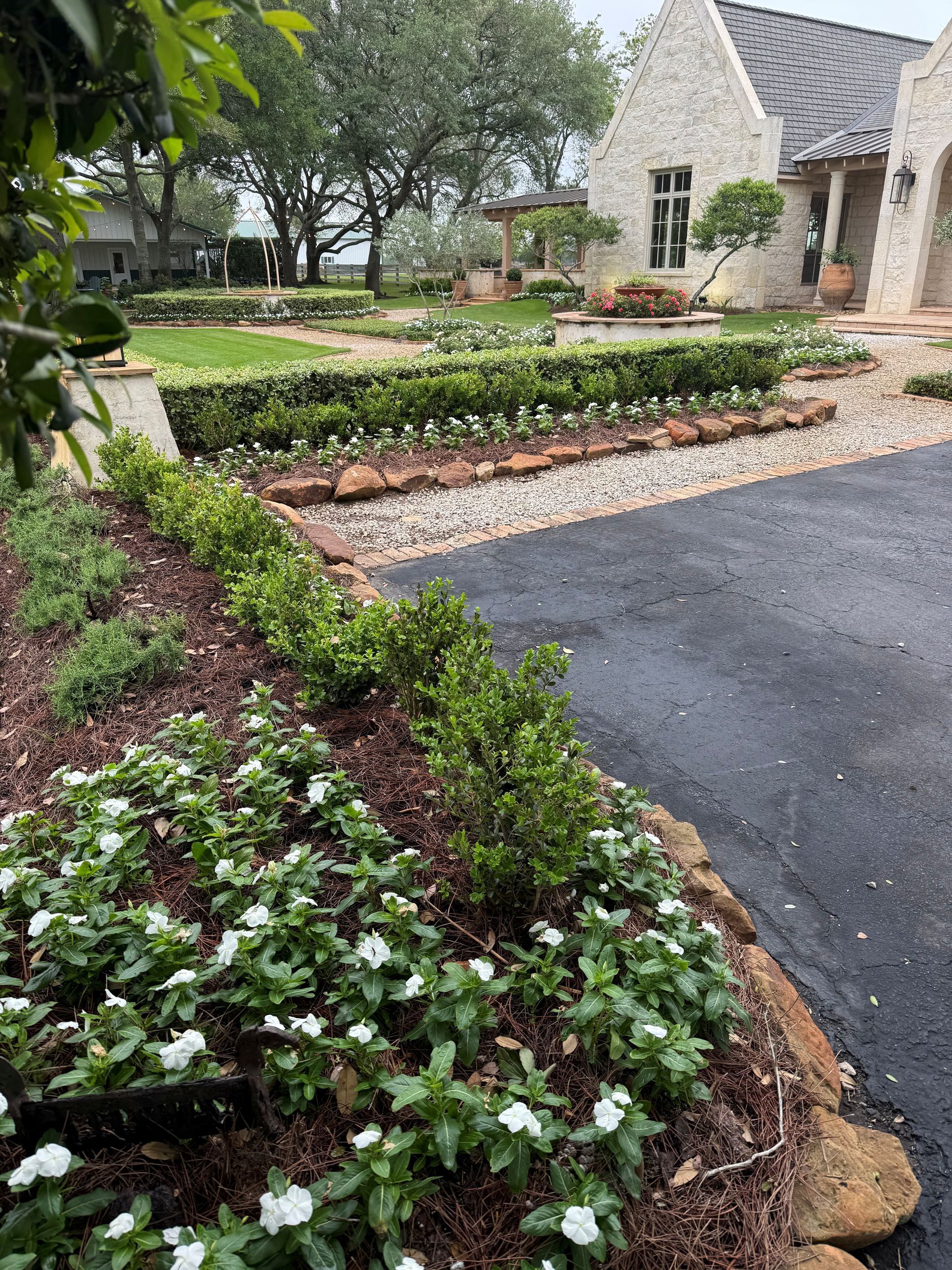 A stone house with a manicured front garden featuring white flowers, green hedges, and a gravel pathway.