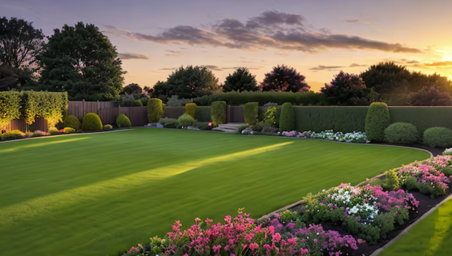 Lush green lawn with flower beds and hedges, bathed in warm sunlight at dusk.
