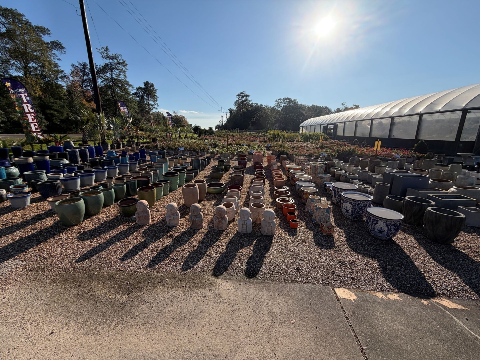 Rows of ceramic pots in various colors at a garden center, under a bright sun. Greenhouse visible in the background.