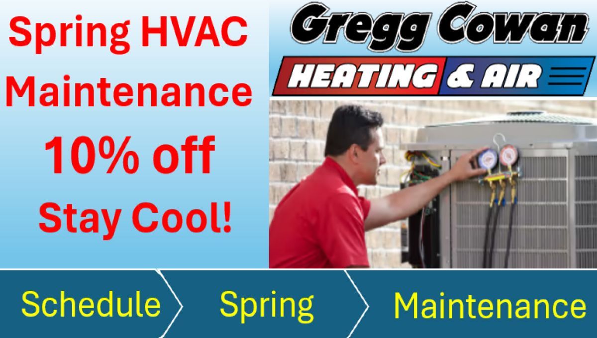 An advertisement for Gregg Cowan heating and Air shows a man working on an air conditioner