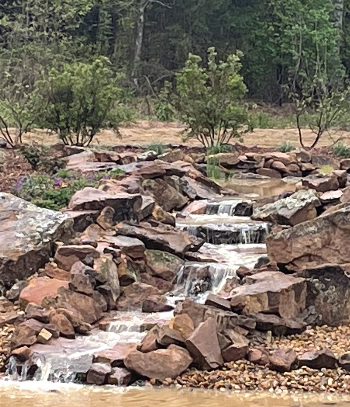 A small waterfall is surrounded by rocks in the middle of a forest.