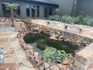 A pond surrounded by rocks and plants in front of a building