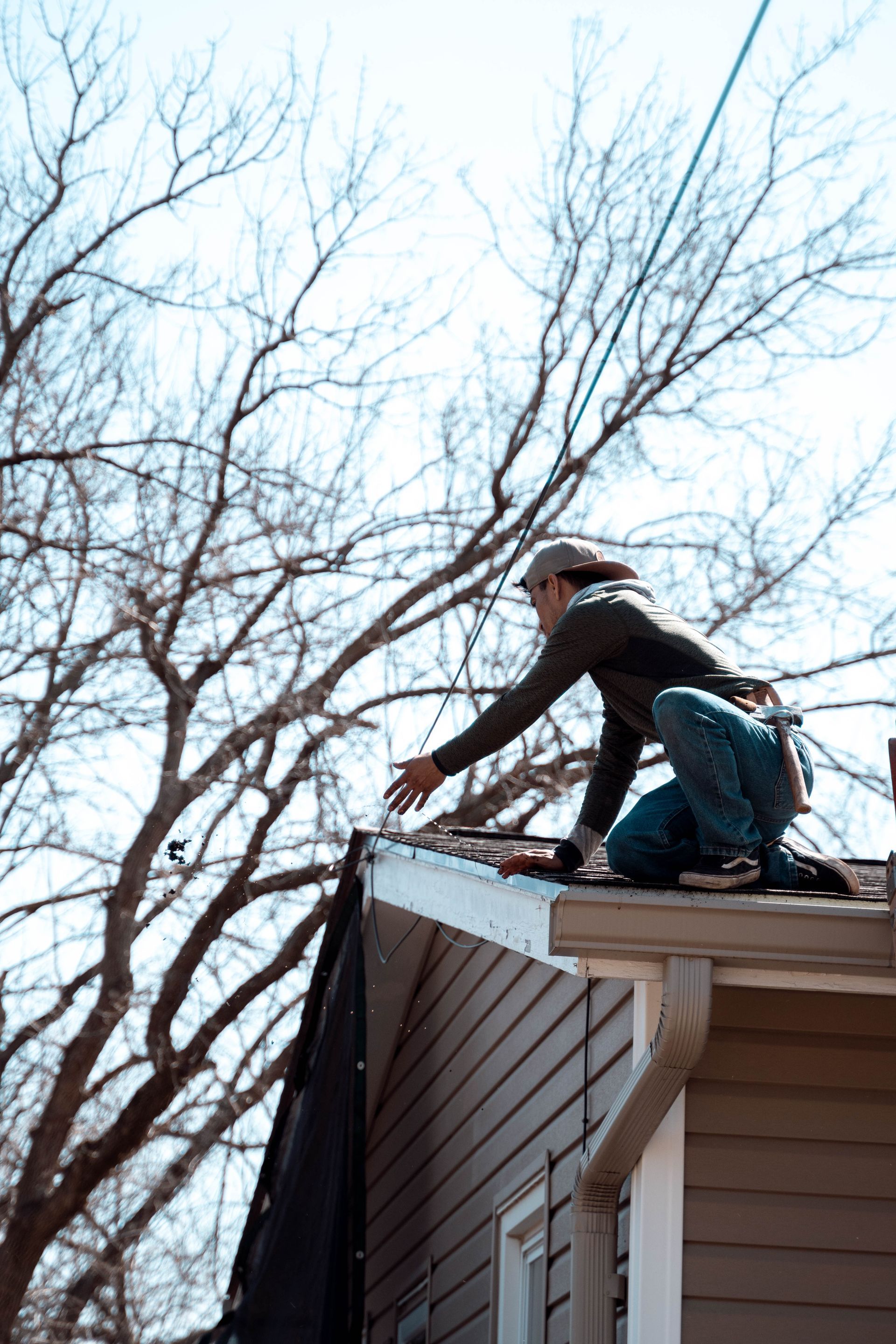 Person on a rooftop reaching towards something. Sunlight, leafless tree, siding, gutter visible.