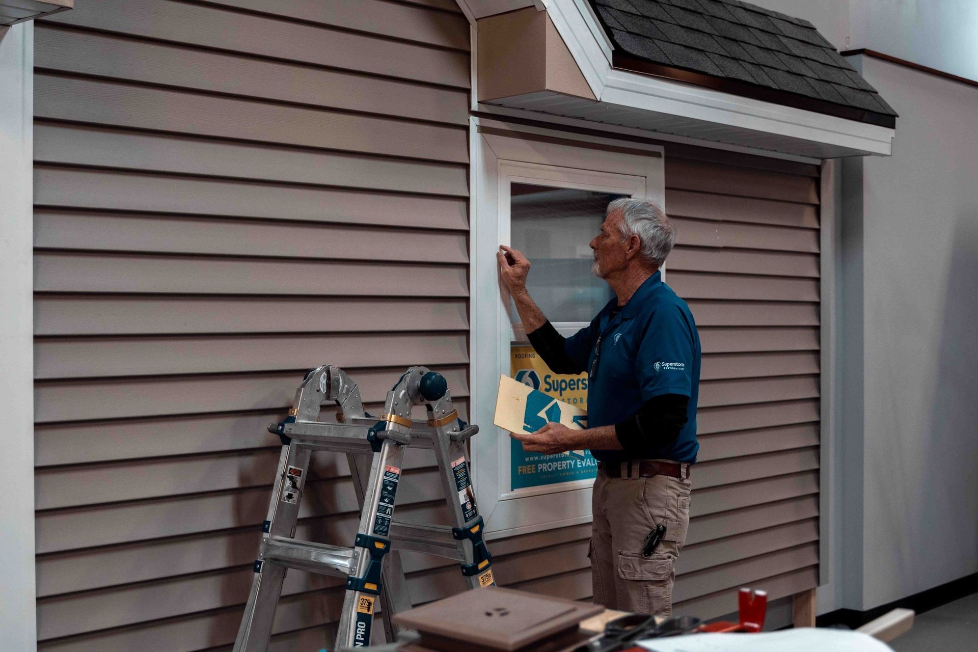 Man pointing to a window on a house model, holding a pamphlet. A ladder and tools are nearby.