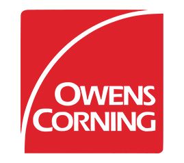 Owens Corning logo in white on a red square with a curved white line