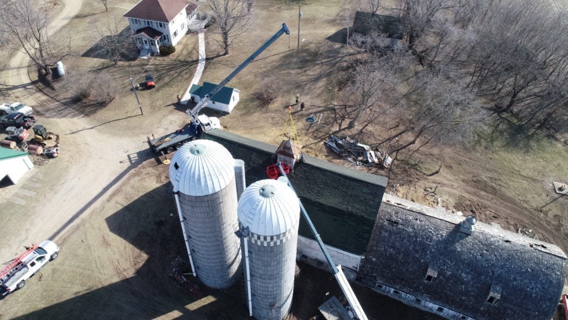 aerial view of cranes used in the cupola installation