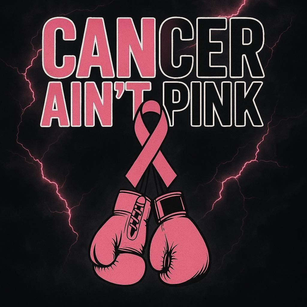 Pink boxing gloves hanging below a pink ribbon with the words.