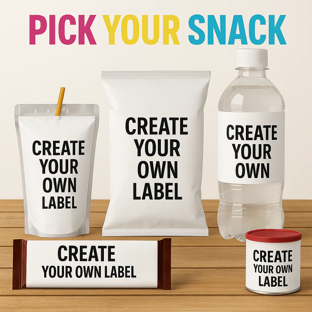Choose your snack: five items with blank labels: a pouch, bag, bottle, bar, and jar.