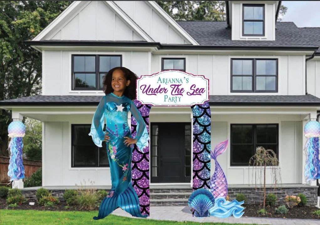 Girl in mermaid costume, party entrance with 