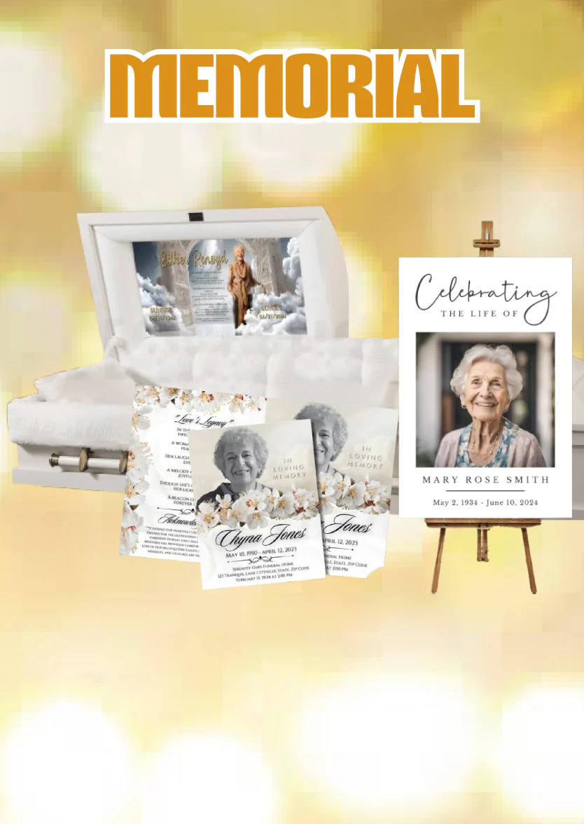 Memorial service display: casket, easel with photo, and printed memorials against a bokeh background.