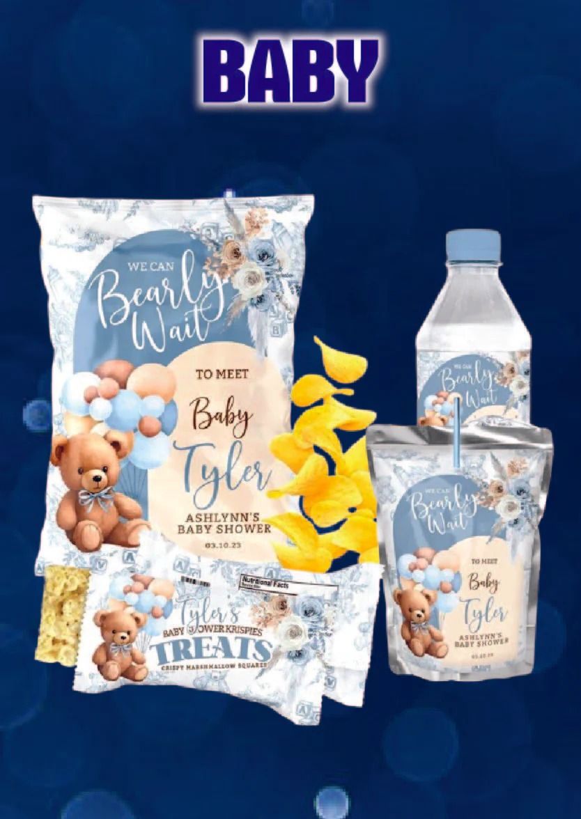 Baby shower snacks: Chips, candies, and water bottles with bear and blue decorations.