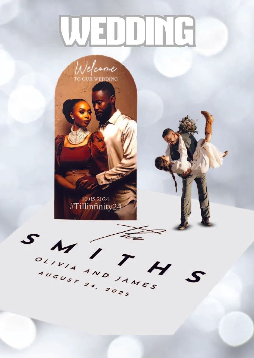 Wedding invitation with photo of couple and illustration of couple with child.